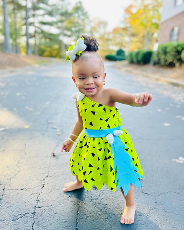 Flintstones-Inspired Toddler Costume Dress Set – Pebbles & Bamm-Bamm Style with Matching Headbands
