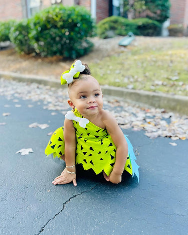 Flintstones-Inspired Toddler Costume Dress Set – Pebbles & Bamm-Bamm Style with Matching Headbands
