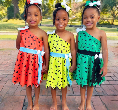 Flintstones-Inspired Toddler Costume Dress Set – Pebbles & Bamm-Bamm Style with Matching Headbands
