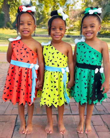 Flintstones-Inspired Toddler Costume Dress Set – Pebbles & Bamm-Bamm Style with Matching Headbands