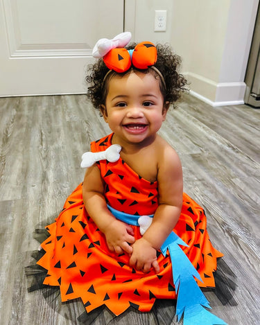 Flintstones-Inspired Toddler Costume Dress Set – Pebbles & Bamm-Bamm Style with Matching Headbands