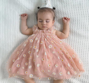 Peach Daisy First Birthday Dress with Matching “1” Party Crown – Baby Girl Outfit for Cake Smash & Photos