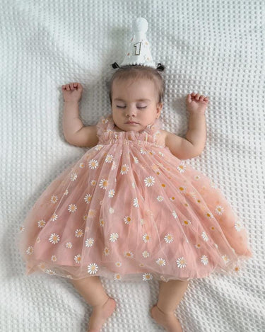 Peach Daisy First Birthday Dress with Matching “1” Party Crown – Baby Girl Outfit for Cake Smash & Photos