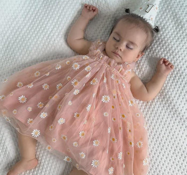Peach Daisy First Birthday Dress with Matching “1” Party Crown – Baby Girl Outfit for Cake Smash & Photos