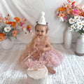 Peach Daisy First Birthday Dress with Matching “1” Party Crown – Baby Girl Outfit for Cake Smash & Photos