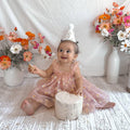 Peach Daisy First Birthday Dress with Matching “1” Party Crown – Baby Girl Outfit for Cake Smash & Photos