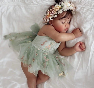 Sugar Plum Forest Green Romper – Baby Girl Birthday Outfit with Floral Tulle