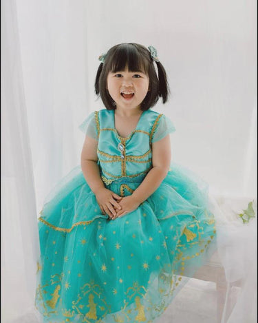 Genie Princess Dress – Jasmine-Inspired Teal & Gold Birthday Party Costume