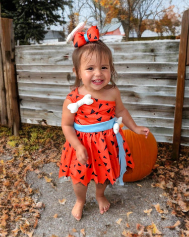 Flintstones-Inspired Toddler Costume Dress Set – Pebbles & Bamm-Bamm Style with Matching Headbands