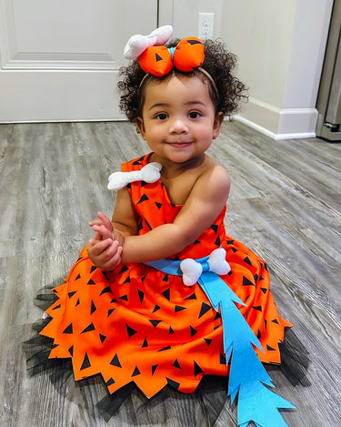 Flintstones-Inspired Toddler Costume Dress Set – Pebbles & Bamm-Bamm Style with Matching Headbands