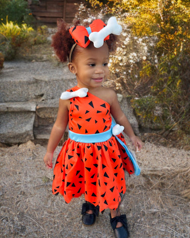 Flintstones-Inspired Toddler Costume Dress Set – Pebbles & Bamm-Bamm Style with Matching Headbands