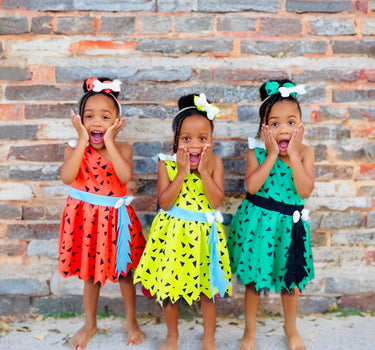 Flintstones-Inspired Toddler Costume Dress Set – Pebbles & Bamm-Bamm Style with Matching Headbands