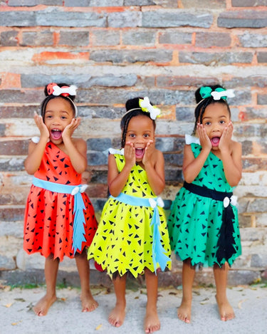 Flintstones-Inspired Toddler Costume Dress Set – Pebbles & Bamm-Bamm Style with Matching Headbands