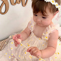 White Daisy First Birthday Dress with Matching “One” Party Crown – Baby Girl Outfit for Cake Smash & Photos