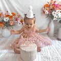 Peach Daisy First Birthday Dress with Matching “1” Party Crown – Baby Girl Outfit for Cake Smash & Photos