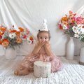 Peach Daisy First Birthday Dress with Matching “1” Party Crown – Baby Girl Outfit for Cake Smash & Photos