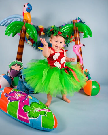 Lilo Inspired Baby Toddler Girls Tutu Dress with Leaf Headband – Hawaiian Luau Outfit