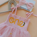 Pink “One” First Birthday Romper for Baby Girl – Daisy Tulle Skirt & Matching Bow Headband – 1st Birthday Outfit