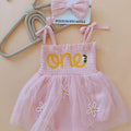 Pink “One” First Birthday Romper for Baby Girl – Daisy Tulle Skirt & Matching Bow Headband – 1st Birthday Outfit