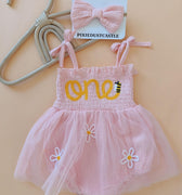 Pink “One” First Birthday Romper for Baby Girl – Daisy Tulle Skirt & Matching Bow Headband – 1st Birthday Outfit