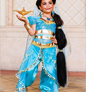 Girls Princess Jasmine Costume Set – Satin & Organza Aladdin Inspired Outfit with Accessories – Halloween – Royal Blue Genie Costume