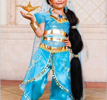 Girls Princess Jasmine Costume Set – Satin & Organza Aladdin Inspired Outfit with Accessories – Halloween – Royal Blue Genie Costume