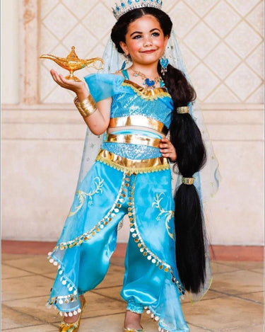 Girls Princess Jasmine Costume Set – Satin & Organza Aladdin Inspired Outfit with Accessories – Halloween – Royal Blue Genie Costume