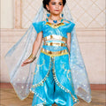 Girls Princess Jasmine Costume Set – Satin & Organza Aladdin Inspired Outfit with Accessories – Halloween – Royal Blue Genie Costume