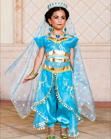 Girls Princess Jasmine Costume Set – Satin & Organza Aladdin Inspired Outfit with Accessories – Halloween – Royal Blue Genie Costume