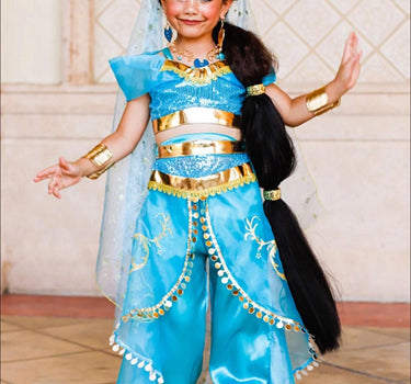 Girls Princess Jasmine Costume Set – Satin & Organza Aladdin Inspired Outfit with Accessories – Halloween – Royal Blue Genie Costume