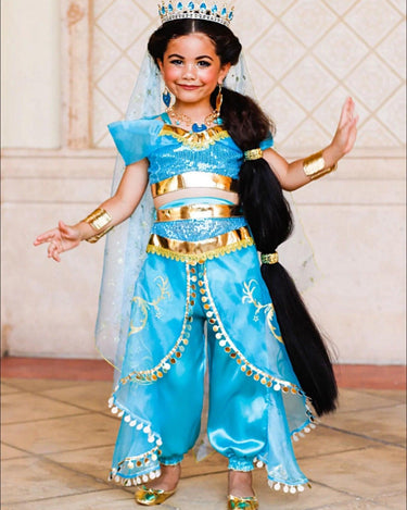 Girls Princess Jasmine Costume Set – Satin & Organza Aladdin Inspired Outfit with Accessories – Halloween – Royal Blue Genie Costume