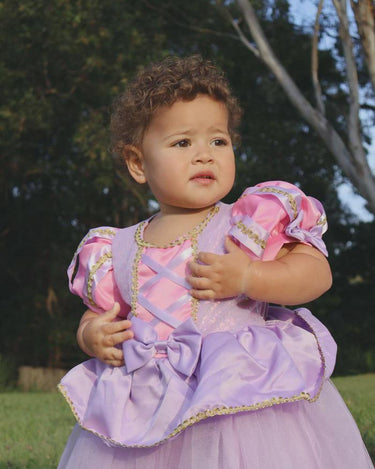 Baby Rapunzel Princess Dress – Luxe Tangled-Inspired Toddler Birthday & Party Outfit with Matching Bow – Sizes 6M to 3T