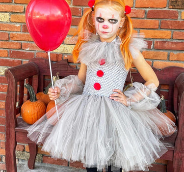 Girls Pennywise Clown Costume – Baby & Toddler IT-Inspired Tutu Dress with Hair Rings, Gloves and Balloon – Halloween Outfit