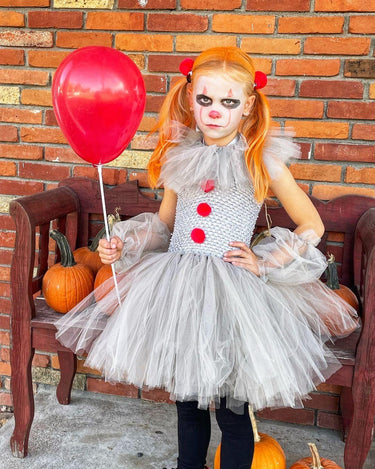 Girls Pennywise Clown Costume – Baby & Toddler IT-Inspired Tutu Dress with Hair Rings, Gloves and Balloon – Halloween Outfit
