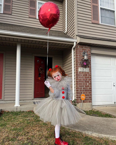 Girls Pennywise Clown Costume – Baby & Toddler IT-Inspired Tutu Dress with Hair Rings, Gloves and Balloon – Halloween Outfit