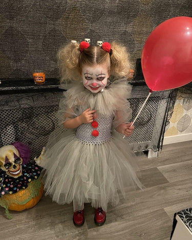 Girls Pennywise Clown Costume – Baby & Toddler IT-Inspired Tutu Dress with Hair Rings, Gloves and Balloon – Halloween Outfit