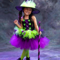 Girls Witch Costume Tutu Set – Toddler & Kids Halloween Outfit with Witch Hat and Broom – Purple Green Witch Dress