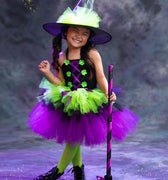 Girls Witch Costume Tutu Set – Toddler & Kids Halloween Outfit with Witch Hat and Broom – Purple Green Witch Dress