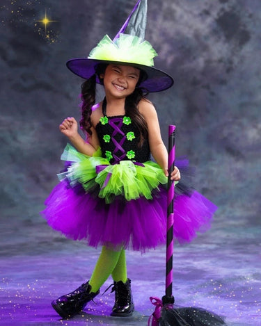 Girls Witch Costume Tutu Set – Toddler & Kids Halloween Outfit with Witch Hat and Broom – Purple Green Witch Dress