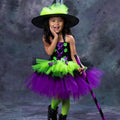 Girls Witch Costume Tutu Set – Toddler & Kids Halloween Outfit with Witch Hat and Broom – Purple Green Witch Dress