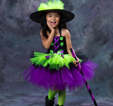 Girls Witch Costume Tutu Set – Toddler & Kids Halloween Outfit with Witch Hat and Broom – Purple Green Witch Dress