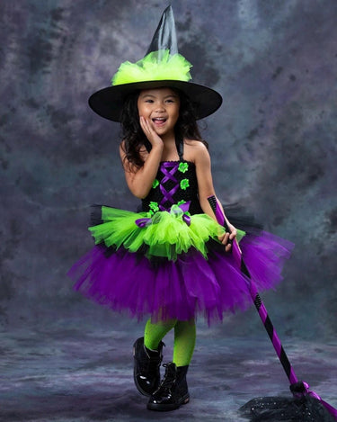 Girls Witch Costume Tutu Set – Toddler & Kids Halloween Outfit with Witch Hat and Broom – Purple Green Witch Dress