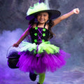 Girls Witch Costume Tutu Set – Toddler & Kids Halloween Outfit with Witch Hat and Broom – Purple Green Witch Dress