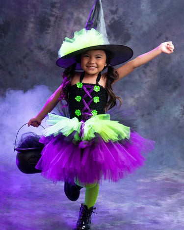 Girls Witch Costume Tutu Set – Toddler & Kids Halloween Outfit with Witch Hat and Broom – Purple Green Witch Dress