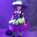 Girls Witch Costume Tutu Set – Toddler & Kids Halloween Outfit with Witch Hat and Broom – Purple Green Witch Dress