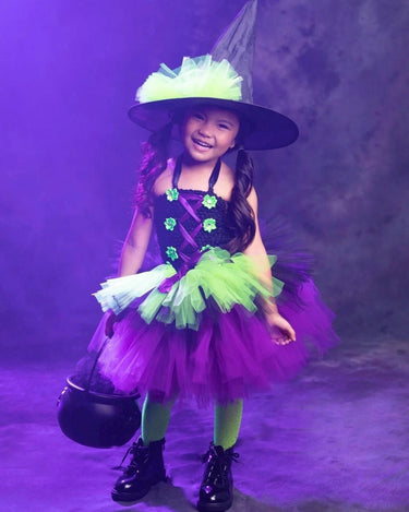Girls Witch Costume Tutu Set – Toddler & Kids Halloween Outfit with Witch Hat and Broom – Purple Green Witch Dress