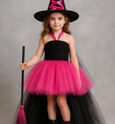 Pink and Black Witch Costume for Girls – Halloween Tutu Dress Set with Hat and Broom – Toddler & Kids Witch Outfit