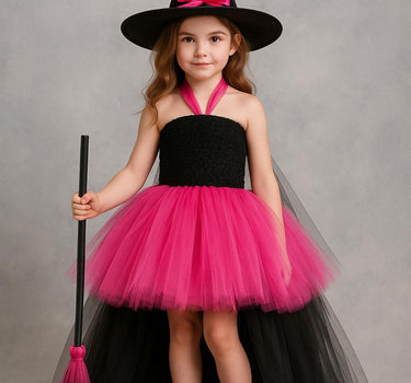 Pink and Black Witch Costume for Girls – Halloween Tutu Dress Set with Hat and Broom – Toddler & Kids Witch Outfit