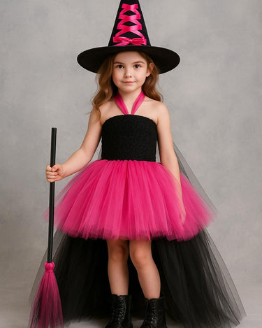 Pink and Black Witch Costume for Girls – Halloween Tutu Dress Set with Hat and Broom – Toddler & Kids Witch Outfit