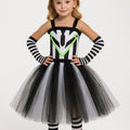 Girls Beetlejuice Costume Tutu Dress Set – Black & White Striped Halloween Outfit with Gloves, Bow and Socks – Baby/Toddler Sizes